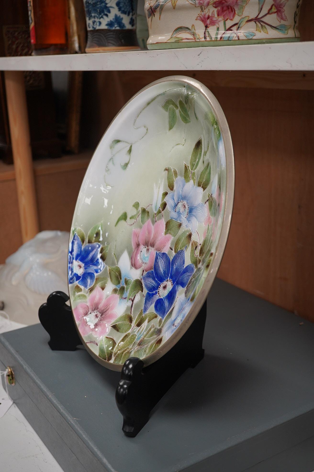 An Ando Ginbari enamel floral decorated dish, cased, 35,5cm., Condition - good